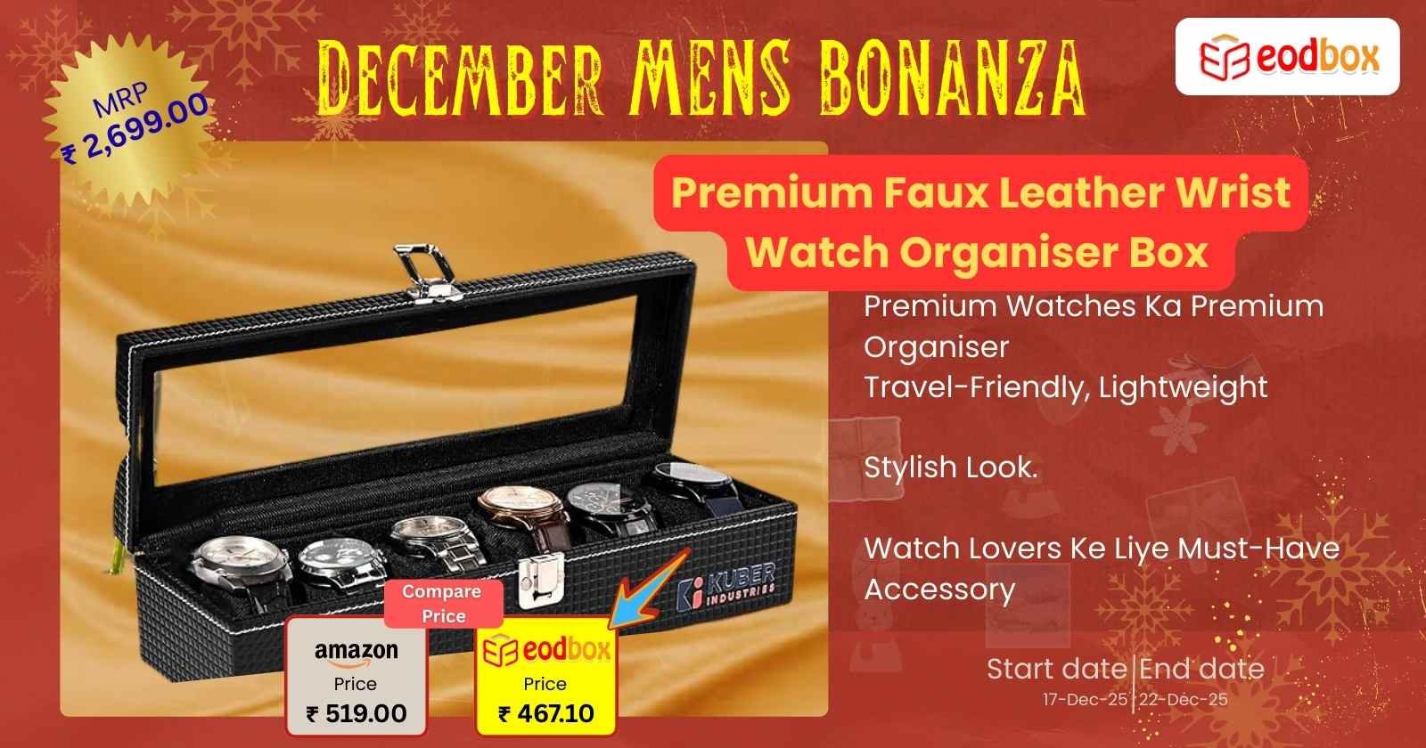 Kuber Industries Premium Faux Leather See Through 6 Slots Wrist Watch Organiser Box  885